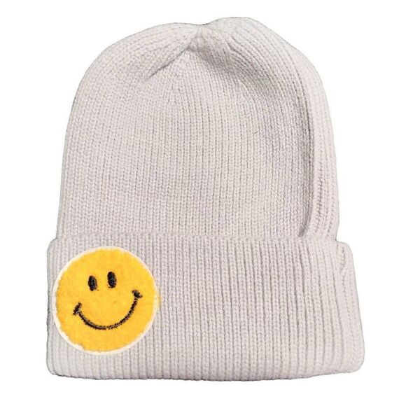 HAPPY FACE GRAY KNIT ADULT BEANIE CAP NWT - Picture 1 of 4